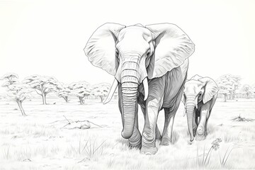 Majestic elephants roaming in an African savannah, line drawing, no background, no detail, no color.
