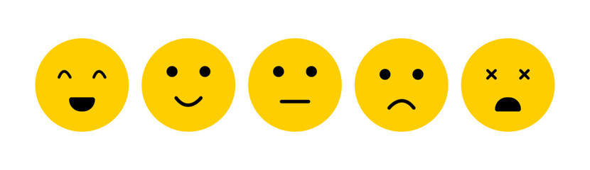 set of yellow rating emoticons, (Very happy-excellent, happy-good, neutral, sad-bad, very sad-very bad emojis) Vector design elements set eps 10. Isolated