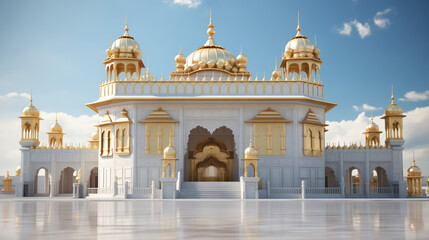 Fototapeta na wymiar Golden sikh gurudwara and reflection in water on a sunny bright day. Punjabi holy temple artwork. 