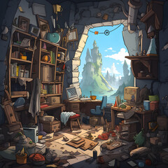 Chaos Loft library transform from clutter cave overseeing a castle island cartoon