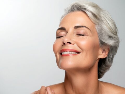 Radiant Mature Woman with Eyes Closed in Serene Expression