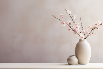 Eucalyptus branch in a modern vase coffee and old books on wooden table Empty mockup of beige wall...