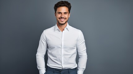 Photo of young macho business man employer meet colleagues corporate seminar friendly smiling arms crossed wear white office shirt pants isolated grey color background - obrazy, fototapety, plakaty