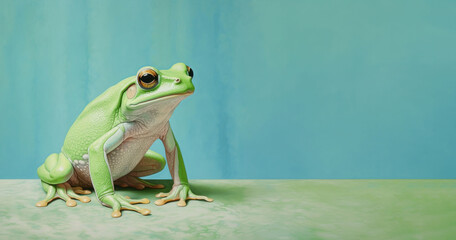 photograph green frog on blue background - obrazy, fototapety, plakaty