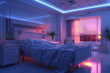 A comforting hospital room with soft, soothing music playing in the background and dimmable lights.