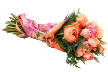 Oriental Poppy Bouquet, wrapped with a silk sash or ribbon featuring Asian-inspired motifs or patterns, isolated white background.