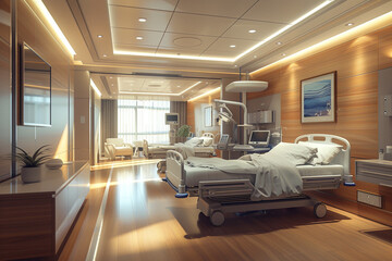 A modern hospital room with adjustable beds and state-of-the-art medical equipment.