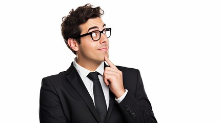 Portrait of a happy businessman in eyeglasses pointing finger away over white background