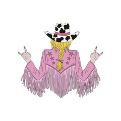 Groovy blond cowgirl from the back in a cow spotted hat and pink leather jacket with fringe vector illustration isolated on white. Retro disco 60s 70s 80s wild west fashion print poster postcard - 735089040