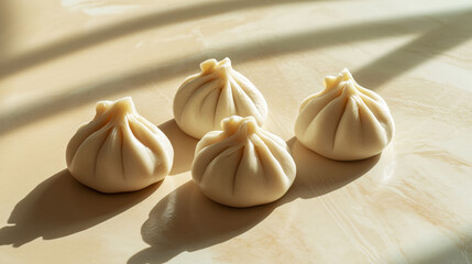 A group of khinkali on a light background with sunny shadows. Traditional food concept. Copy space. Generative AI