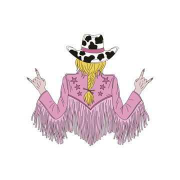 Groovy blond cowgirl from the back in a cow spotted hat and pink leather jacket with fringe vector illustration isolated on white. Retro disco 60s 70s 80s wild west fashion print poster postcard