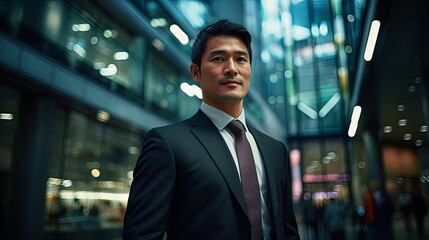 Naklejka premium Portrait of Japanese businessman in business district