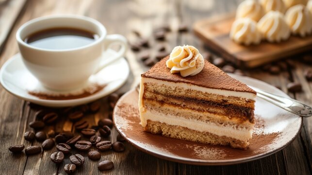 Slice of tiramisu cake and coffee cup on a wooden table
