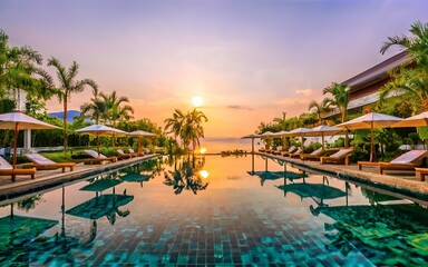 Beautiful luxury outdoor swimming pool in hotel and resort at sunrise time - Vacation concept - obrazy, fototapety, plakaty