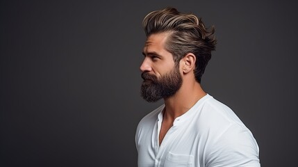 Obraz premium Side view portrait of confident bearded man with beautiful hairstyle in white shirt looking on copy space