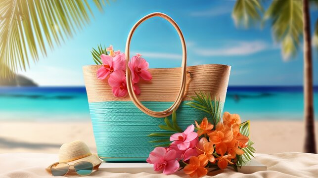 Stylish beach bag with accessories and tropical beach in the background, summer vacations concept