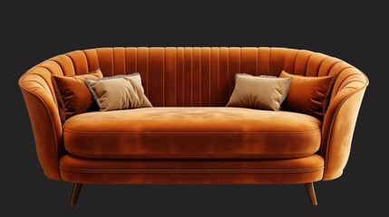 brown velvet sofa and pillows isolated on a black background.