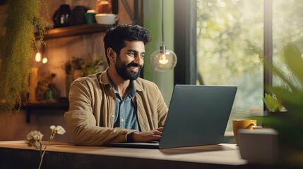 technology, remote job and lifestyle concept - happy indian man with laptop computer working at home office