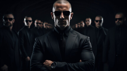 Fototapeta na wymiar images of man spectacled in a black formal suit various poses Business success failure luck lot of men suits men Black respectable and serious many background main one in the center the head of group