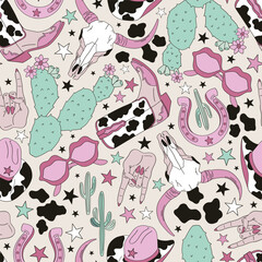 Groovy wild west cowgirl disco party vector seamless pattern. Cow spotted female cowboy boots and sheriff hat, bull skull, woman hand with rock gesture, cactus, lucky horseshoe, lips shape sunglasses - 735090414
