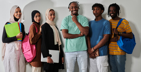 In a vibrant display of educational diversity, a group of students strikes a pose against a clean white background, holding backpacks, laptops, and tablets, symbolizing a blend of modern technology