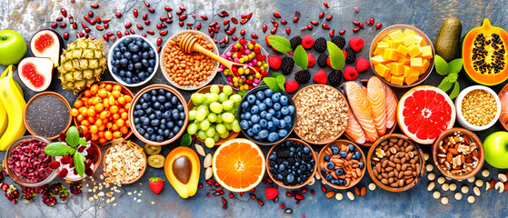 Healthy diet concept with fresh organic fruits and vegetables, top view of mixed berries and nuts, nutritious vegan and vegetarian food - obrazy, fototapety, plakaty