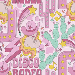 Groovy wild west cowgirl disco rodeo party vector seamless pattern. Light bulb arrow and cactus sign, woman with long curly blond hair style in a pink sheriff hat, pink electric lightning thunderbolt - 735090889
