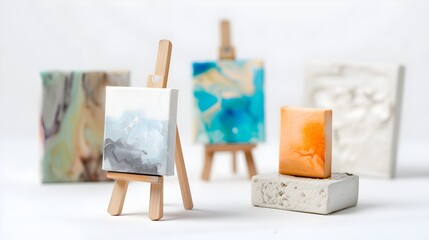 Fototapeta na wymiar Miniature Easels with Abstract Art Canvases