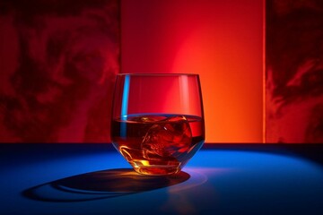 A captivating image showcasing a sazerac cocktail against a vibrant red and blue backdrop, illuminated with dramatic lighting. Generative AI