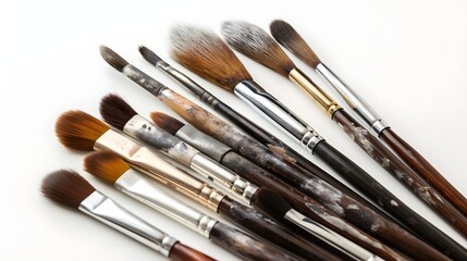 Fototapeta premium Assortment of Used Paint Brushes on White Background