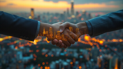 businessmen shaking hands in front of cityscape, making a deal, double exposure
