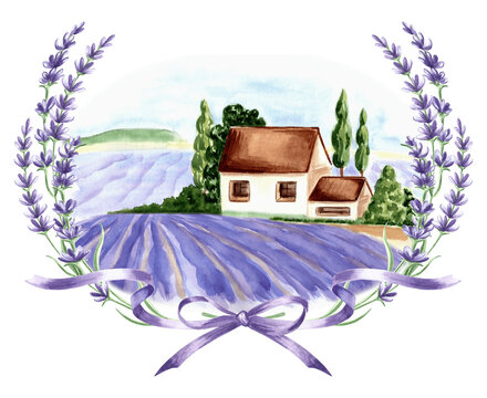 Lavender violet fields. Provence summer landscape in round delicate frame from purple lavender flowers with bow and ribbons. Isolated hand drawn template for wallpaper, textile, printed , stickers.