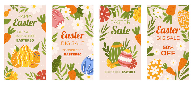 Easter promotion collection of vertical social media template. Design with carrots and flowers, painted eggs. Hand drawn Spring sale set