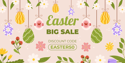 Easter sale horizontal background template for promotion. Design with painted eggs, flowers and carrots. Spring seasonal advertising. Hand drawn flat vector illustration.