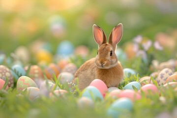 Fototapeta na wymiar Cute brown rabbit among colorful easter eggs in a vibrant spring setting. perfect for festive occasions. ideal for greeting cards. AI