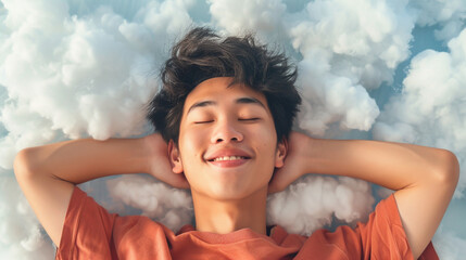 Happy asian man sleeping on the clouds. Wellbieng concept. 