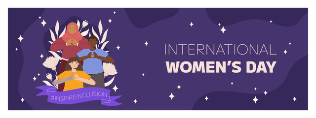 IWD Inspire Inclusion campaign, International Women's Day 2024 Horizontal banner template features a diversity of women making heart gesture with their hands. Vector illustration flat style