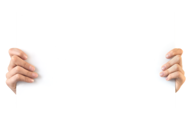 Hands holding a white blank board, information sign isolated on white or transparent background, png file