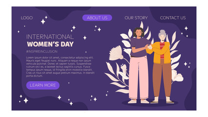 IWD Inspire Inclusion campaign, International Women's Day 2024 Landing page template features a diversity of women making heart gesture with their hands. Vector hand drawn illustration in flat style