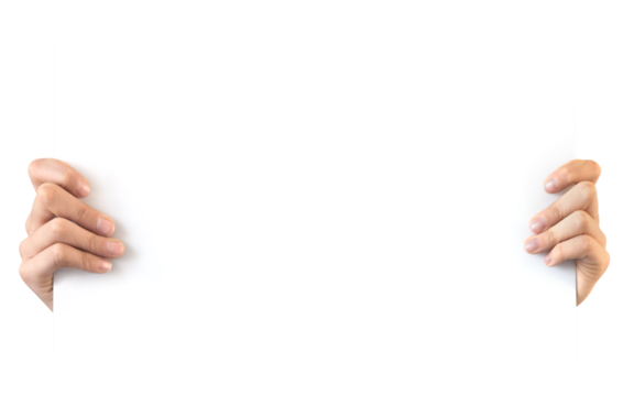 Hands holding a white blank board, information sign isolated on white or transparent background, png file