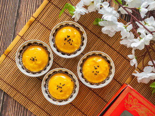 Closed up Chinese pastry salted egg lava cake, traditional dessert for festival