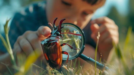 Fototapeta na wymiar Curious child exploring nature with magnifying glass, close-up of beetle. educational outdoor activity. AI