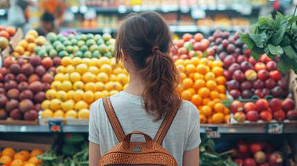Young woman looking at fruit stalls at the Asian market, back view, tourist photo. Shopping, food...