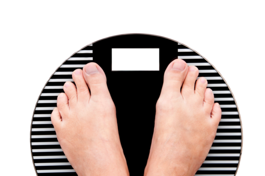 Feet on a weight scale isolated on transparent background, health and nutrition, png file