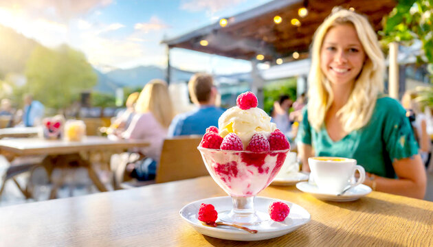 Eisbecher mit Himbeeren im Hintergrund ein Eiscaf&eacute; 
