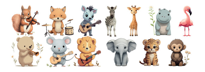 Playful Illustrated Animals Engaged in Music Squirrel Violinist, Fox Drummer, Zebra Guitarist, Giraffe Singer, Hippo Pianist, Flamingo Flutist, Bear Trumpeter, Mouse Saxophonist, Lion Guitarist