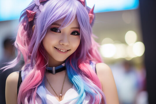 Digital generative ai collage of beautiful chinese girl cosplay anime personage for otaku festival