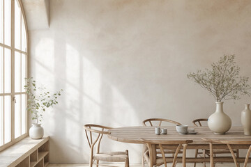 A room featuring a table, chairs, vases, and a window. Empty beige wall for mock up.