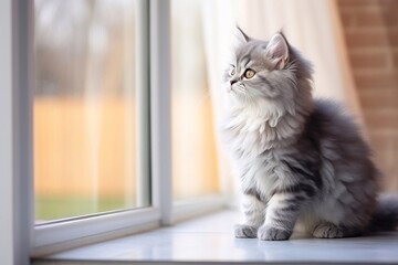 Grey Persian Little fluffy kitten stands near door window and looking up. Grey Persian Little fluffy kitten stands near door window and looking up