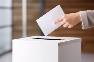 A woman's hand in a light jacket puts a ballot paper into the opening of a white box